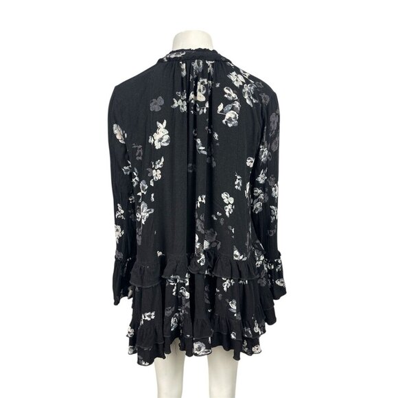 Free People Clover Field Tunic Mini Dress Medium Black Floral Ruffle Long Sleeve - Picture 4 of 7